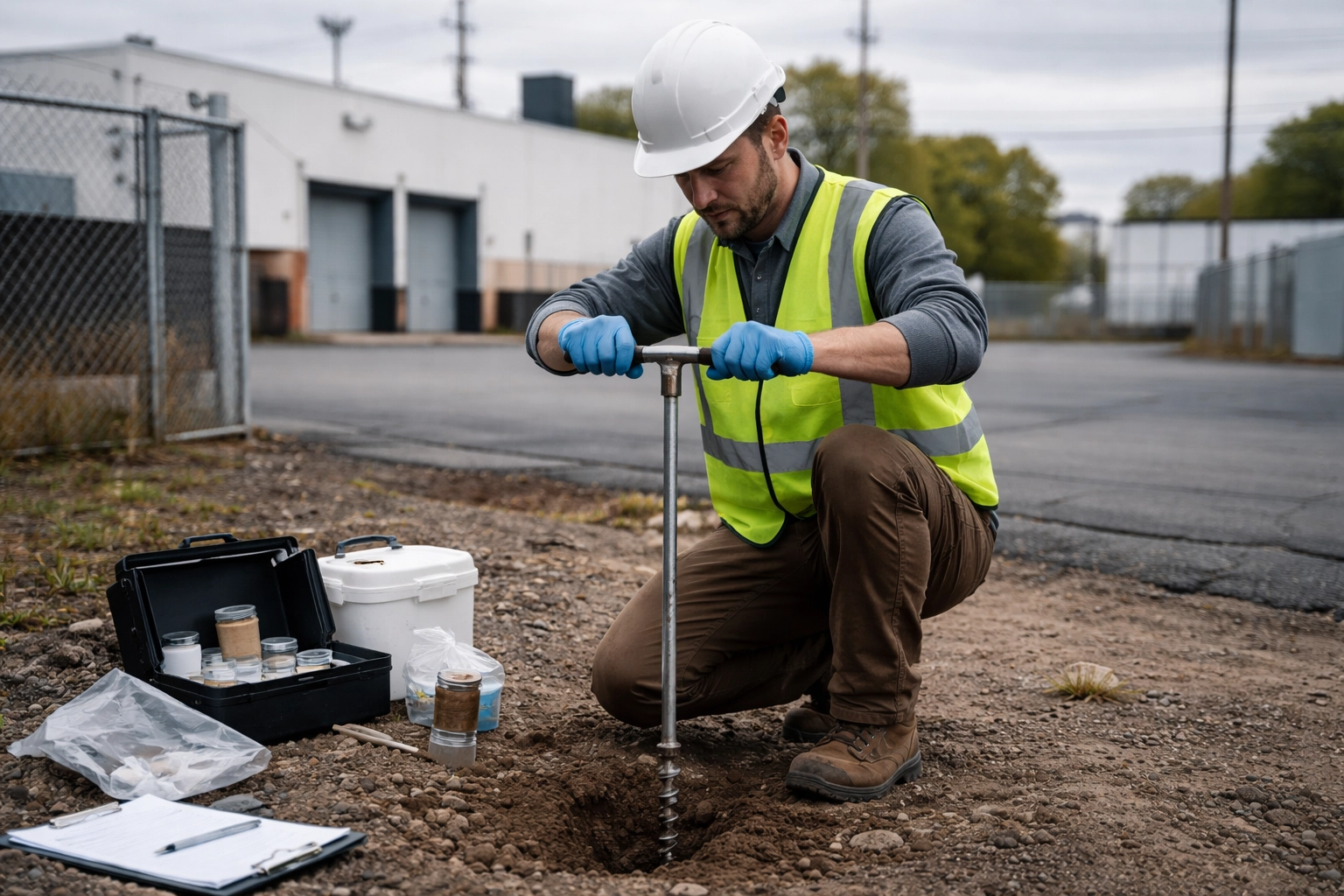 Excavator and Crew at Urban Redevelopment Site