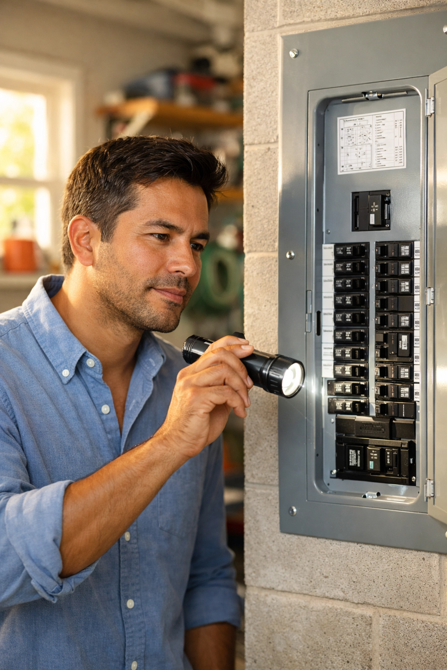 Homeowner inspecting electrical panel breakers during Gwinnett County move-in safety check