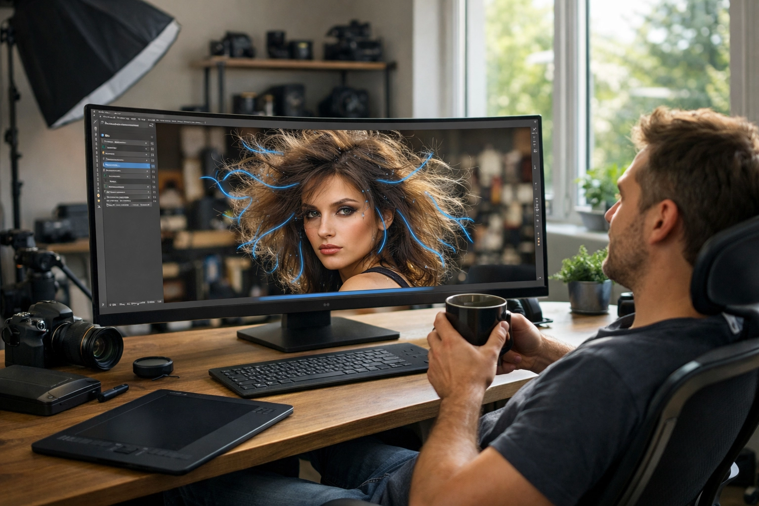 Professional photographer using AI photo editing software to automate complex masking tasks in a home studio.