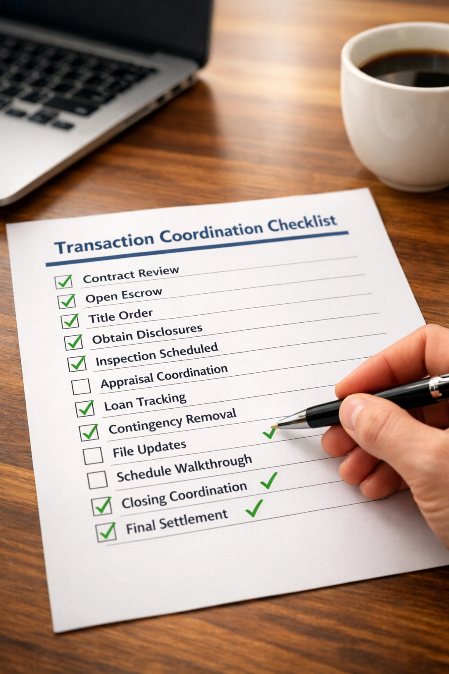 Real estate transaction checklist with completed items showing contract to close coordination process