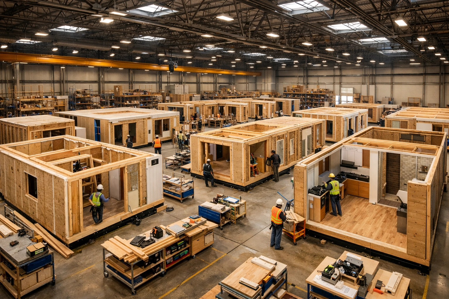 Modular home factory floor showing climate-controlled construction of prefab housing sections