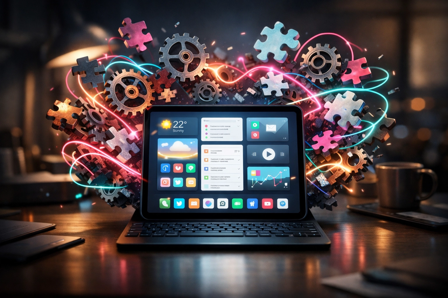 Centralised tablet interface managing small business admin tasks amidst a cloud of disconnected apps and systems.