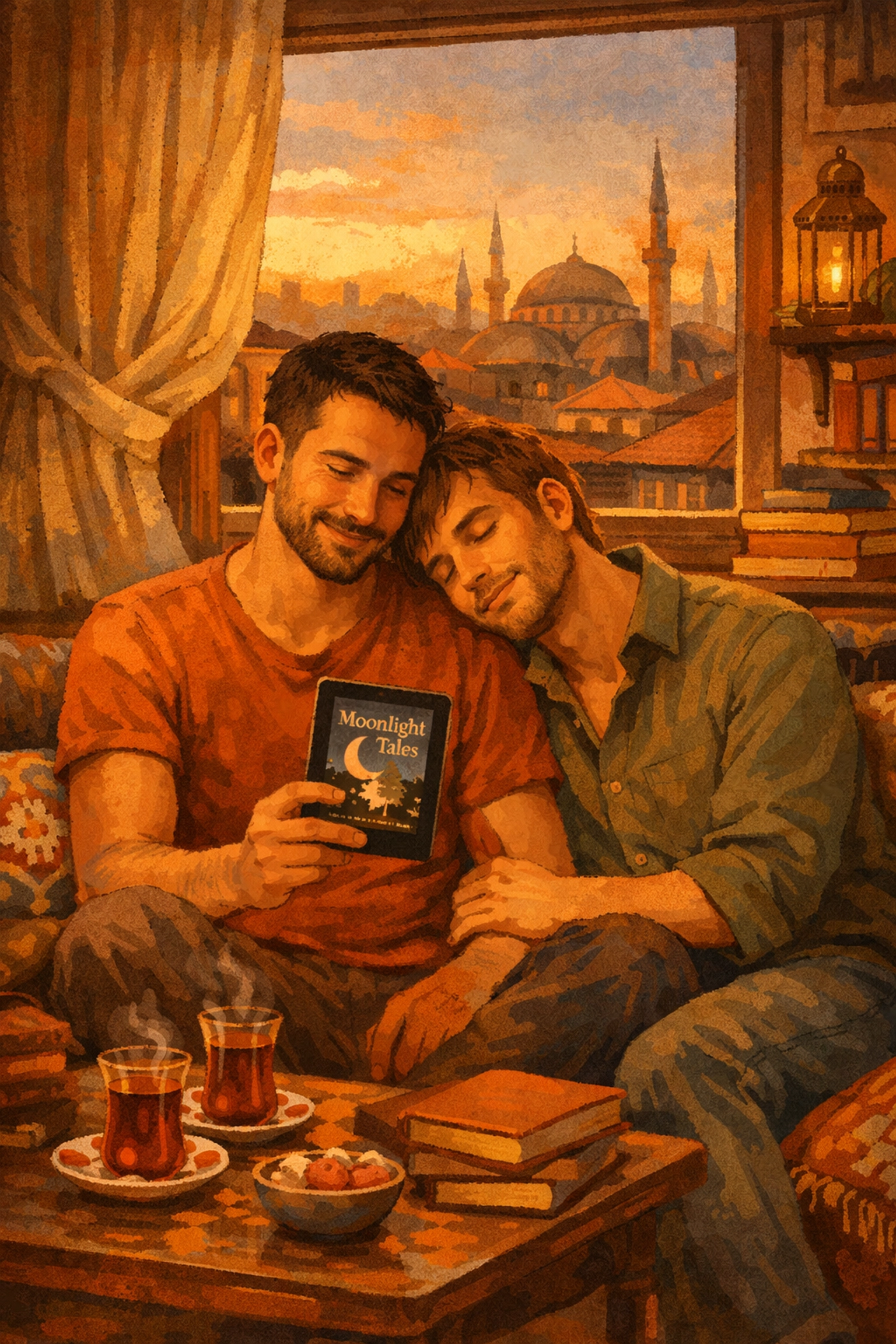 Two men reading LGBTQ+ fiction together in cozy Istanbul apartment, intimate gay romance moment