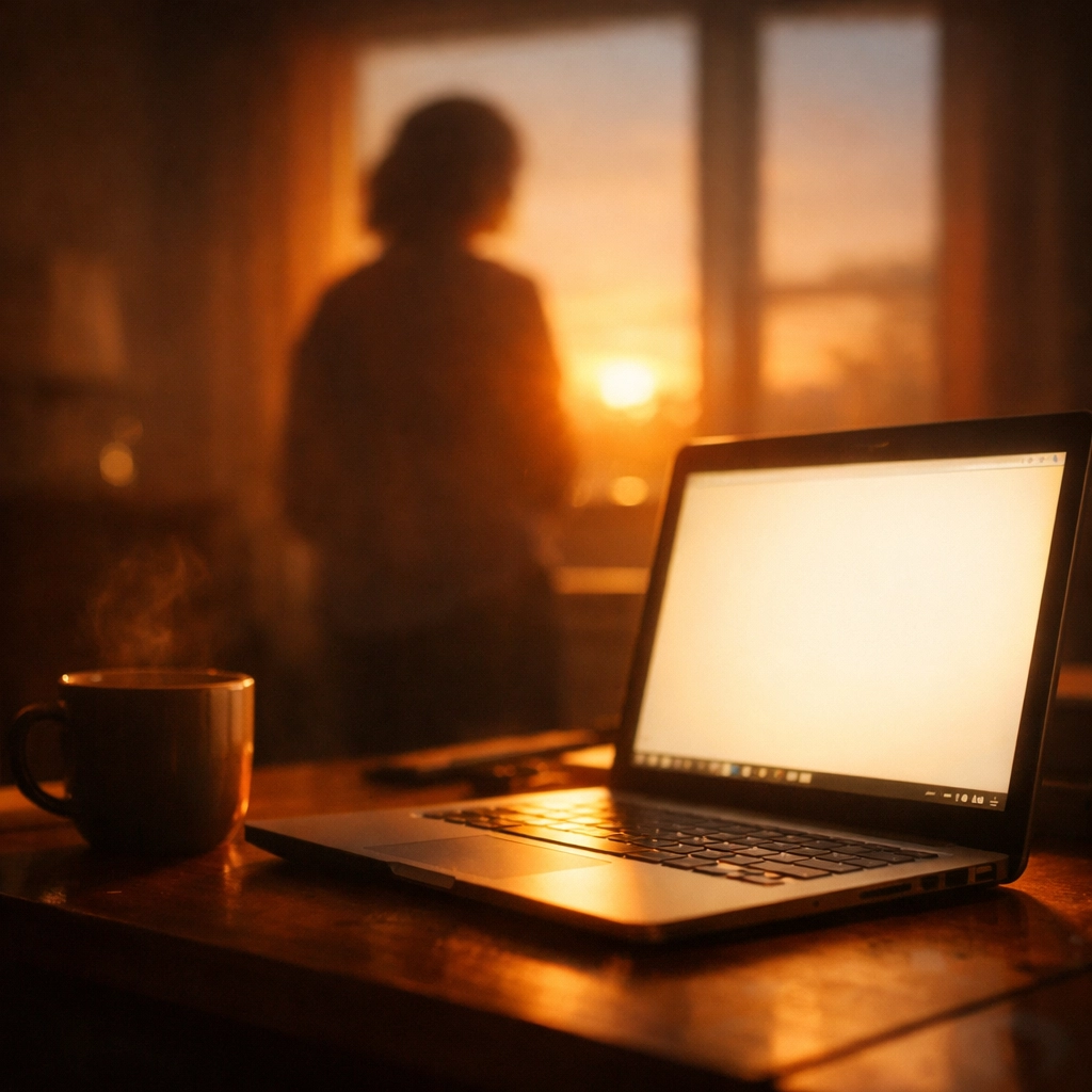 Person watching online church service at dawn with laptop and coffee creating connection