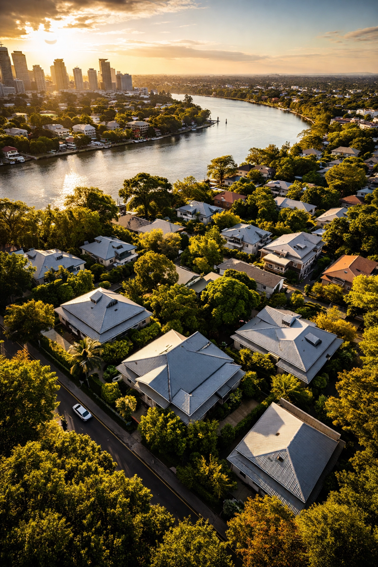 Drone view of Brisbane’s New Farm suburb showing heritage Queenslander homes and Brisbane River at sunset.