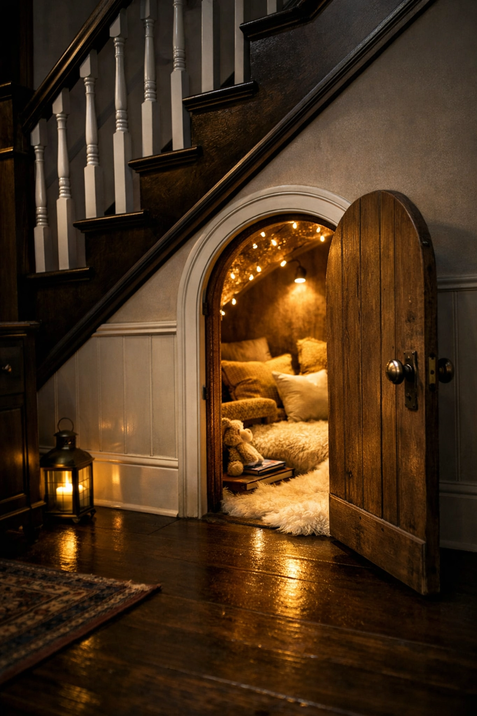 A cozy secret playroom and children's den conversion built into a staircase alcove with warm lighting.