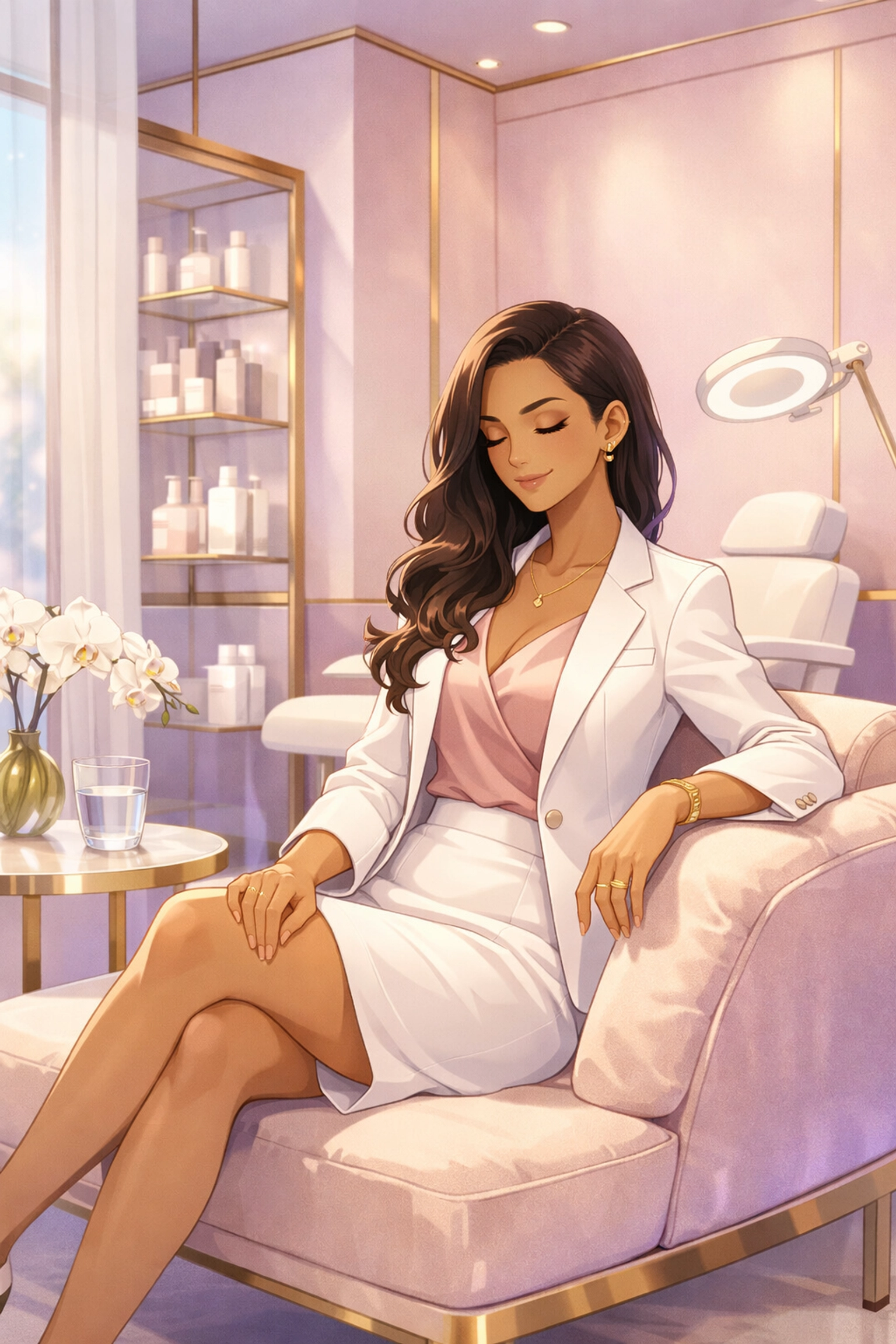 Professional woman in a luxury medical spa lounge representing upscale nurse-led skincare services.
