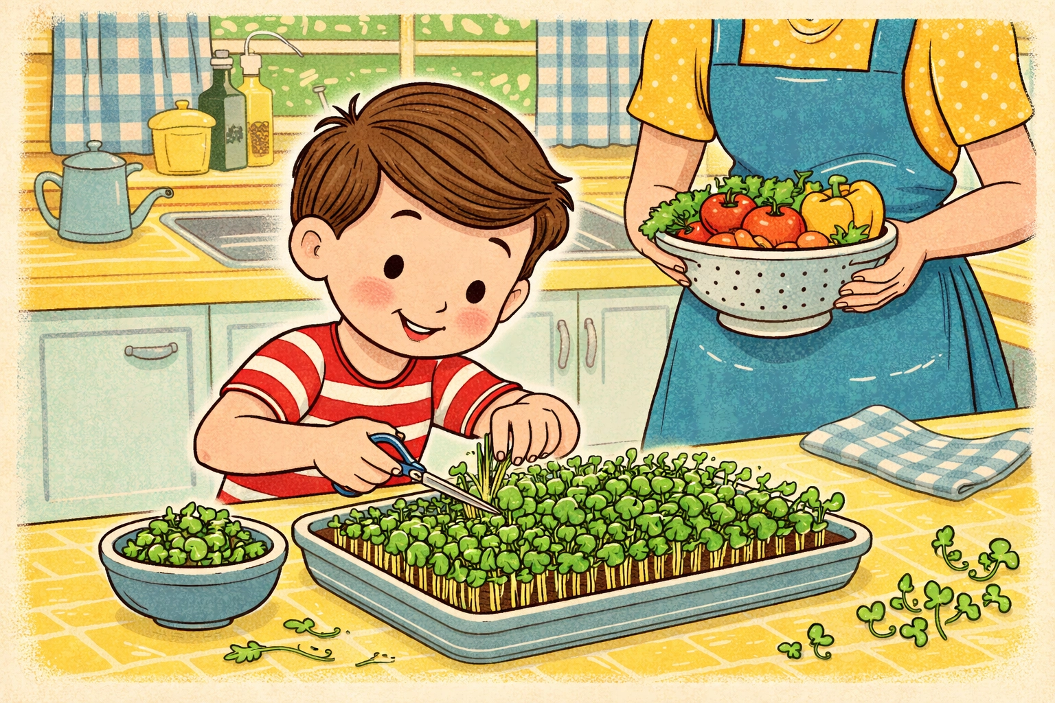 Child harvesting fresh microgreens with scissors in a retro kitchen as a parent watches proudly