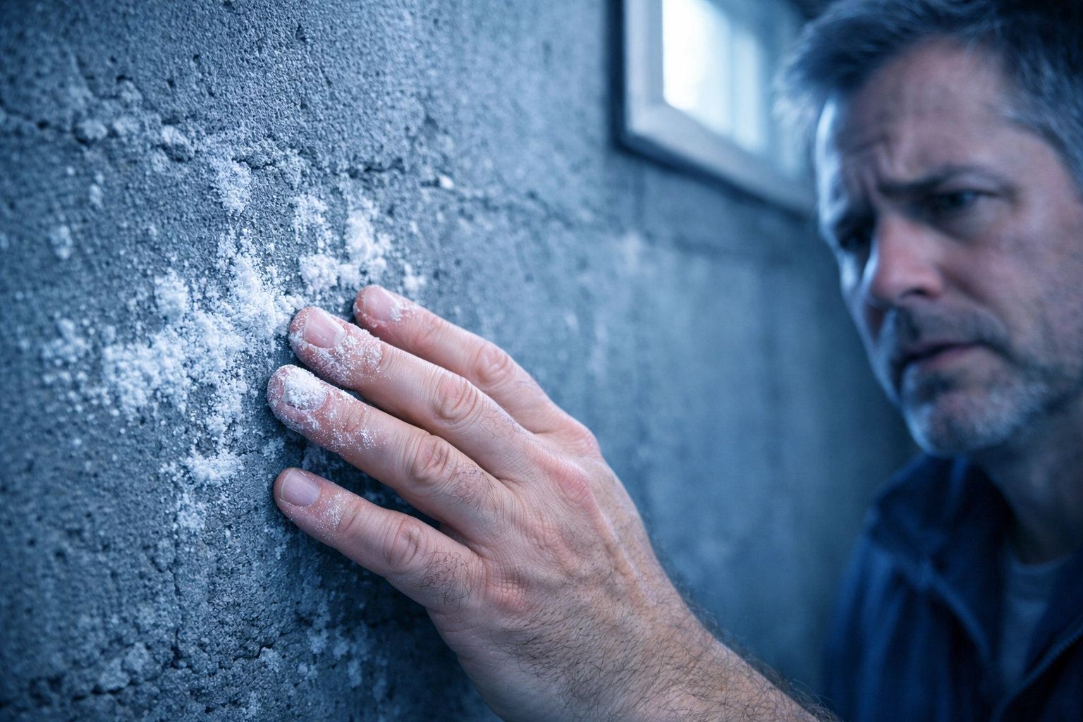 Homeowner examining white efflorescence powder on basement wall often mistaken for mold