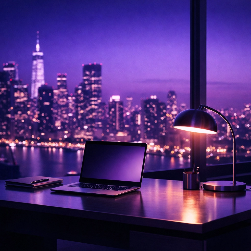 Empty modern office at night overlooking city lights, representing 24/7 business operations.