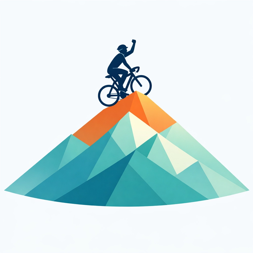 Triumphant cyclist reaching a mountain summit, symbolizing results from a pro-level cycling workout plan.
