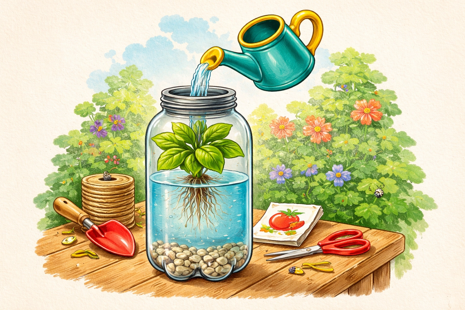 Whimsical 1950s storybook illustration of topping off a 2-liter bottle hydroponic reservoir with a small pitcher