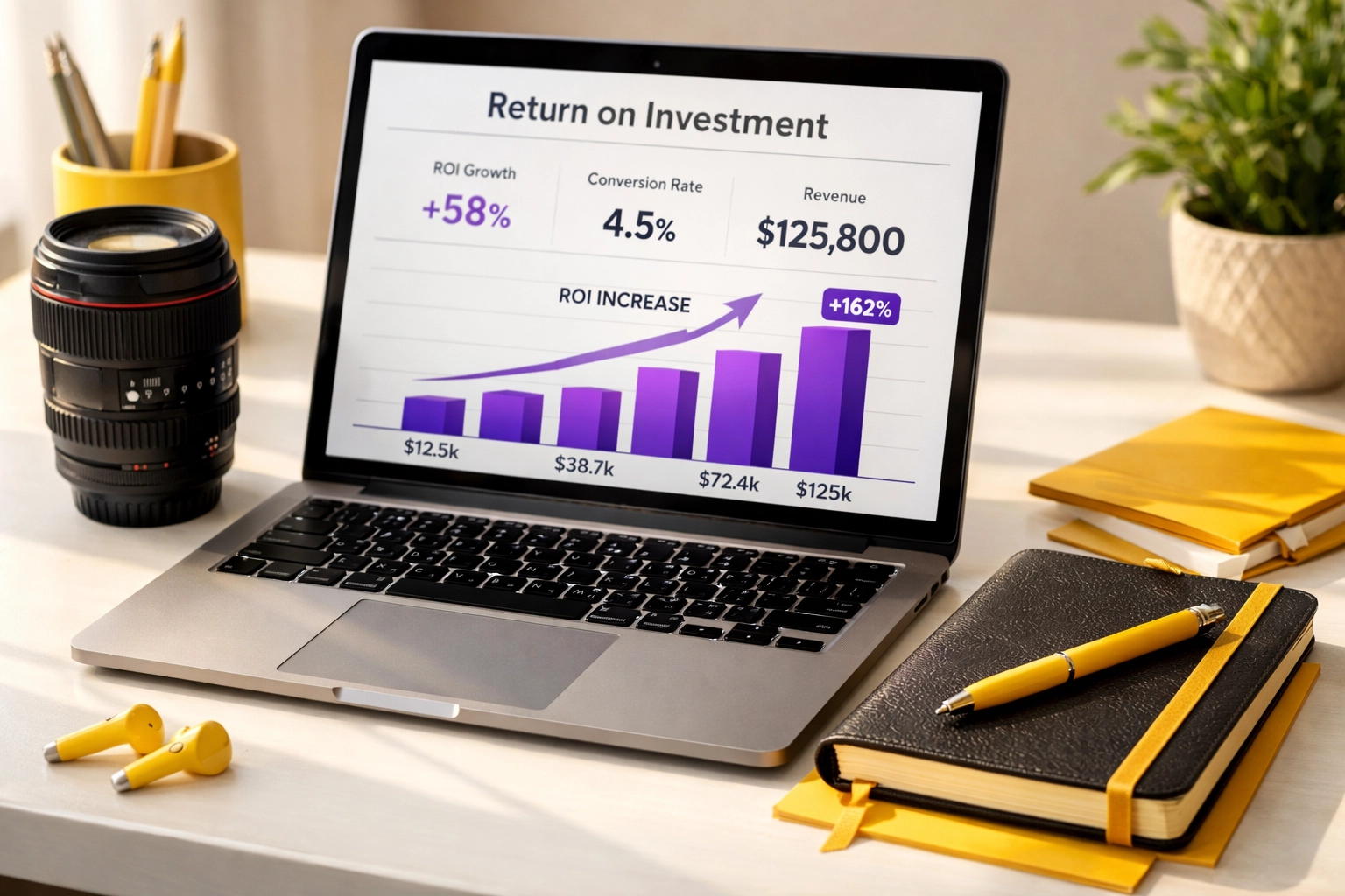 Marketing ROI dashboard on a laptop screen illustrating the impact of strategic growth marketing investments.