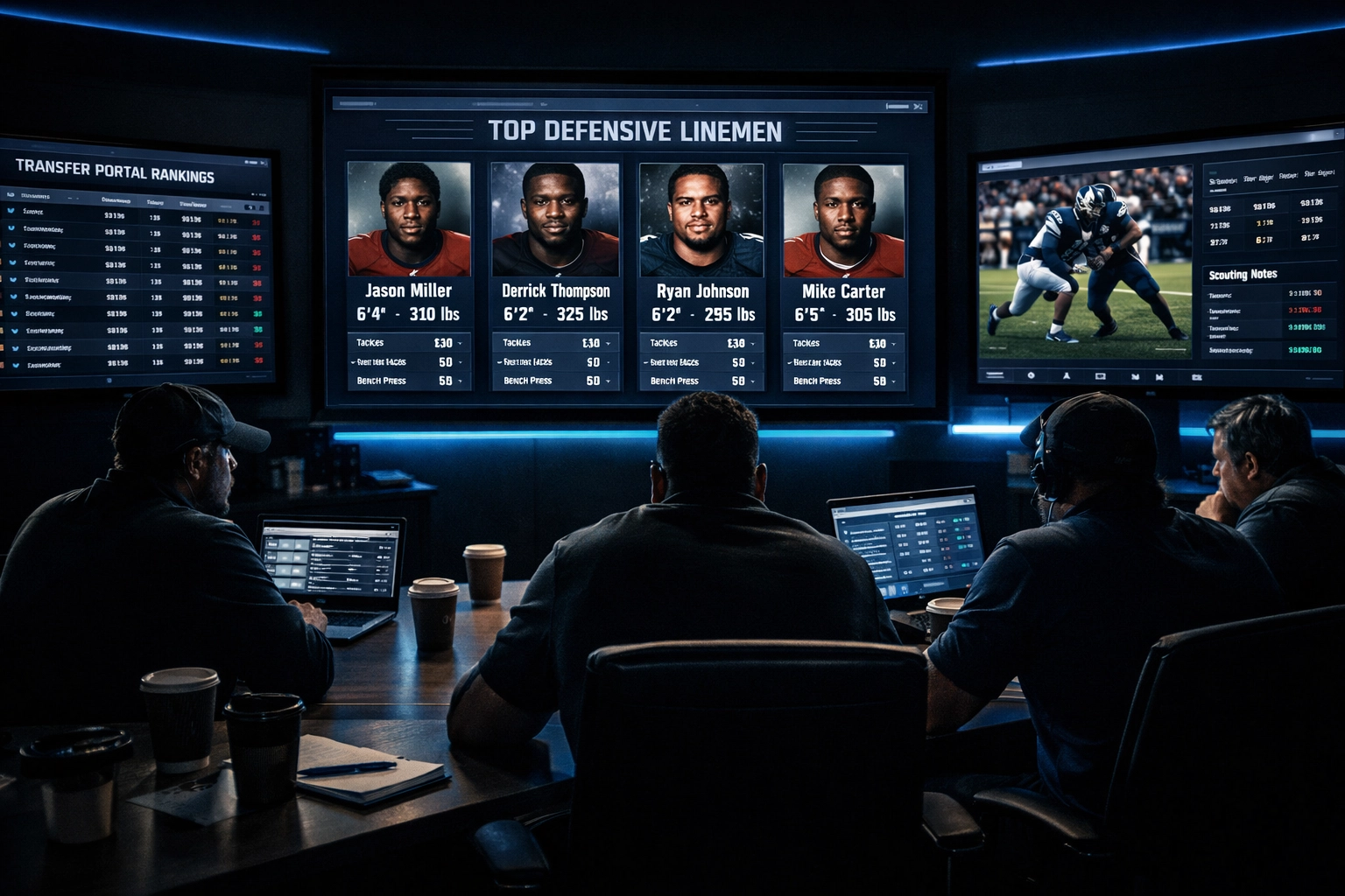 College football recruiting war room with transfer portal rankings and defensive linemen analytics