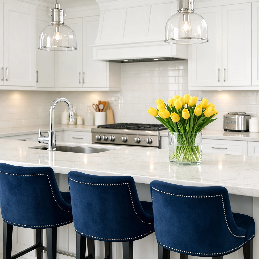 Spotless high-end kitchen with sanitized marble countertops from a top house cleaning Lowell MA provider.