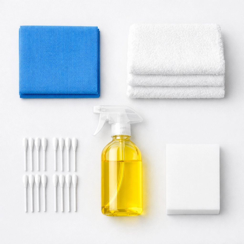 Organized baseboard cleaning supplies including microfiber cloths, sponges, and cleaning solution.