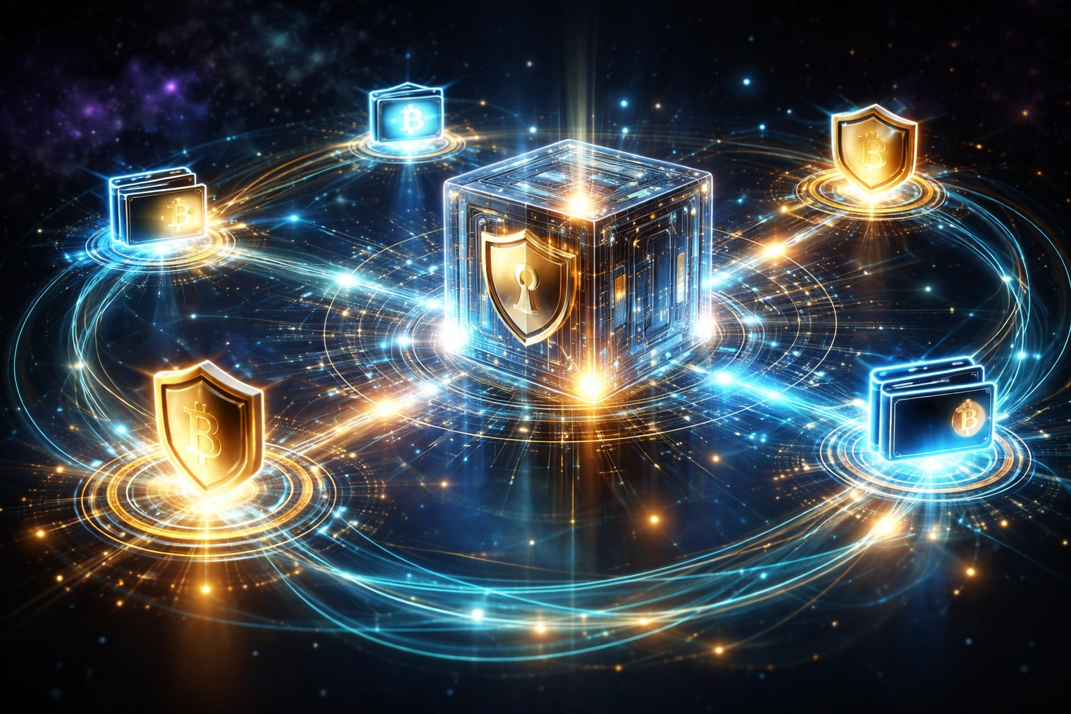 Blockchain vault network with blue and gold streams representing secure self-custody crypto payments for merchants