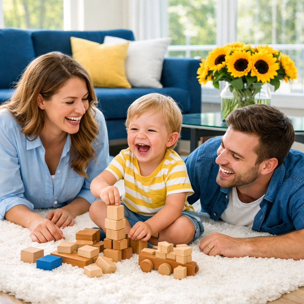 A happy family relaxing in a spotless home thanks to weekly house cleaning in Marblehead.