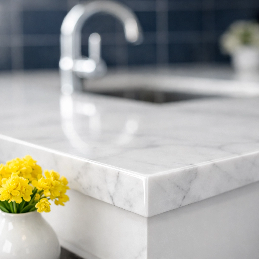 Detail of polished marble counters highlighting high-quality bi-weekly house cleaning services.