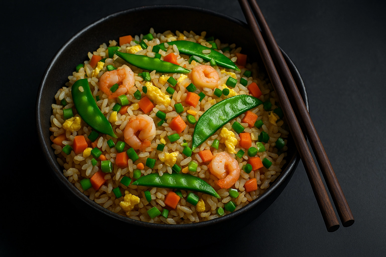 Bunter gebratener Reis mit Erbsen, Mais, Karotten und Ei