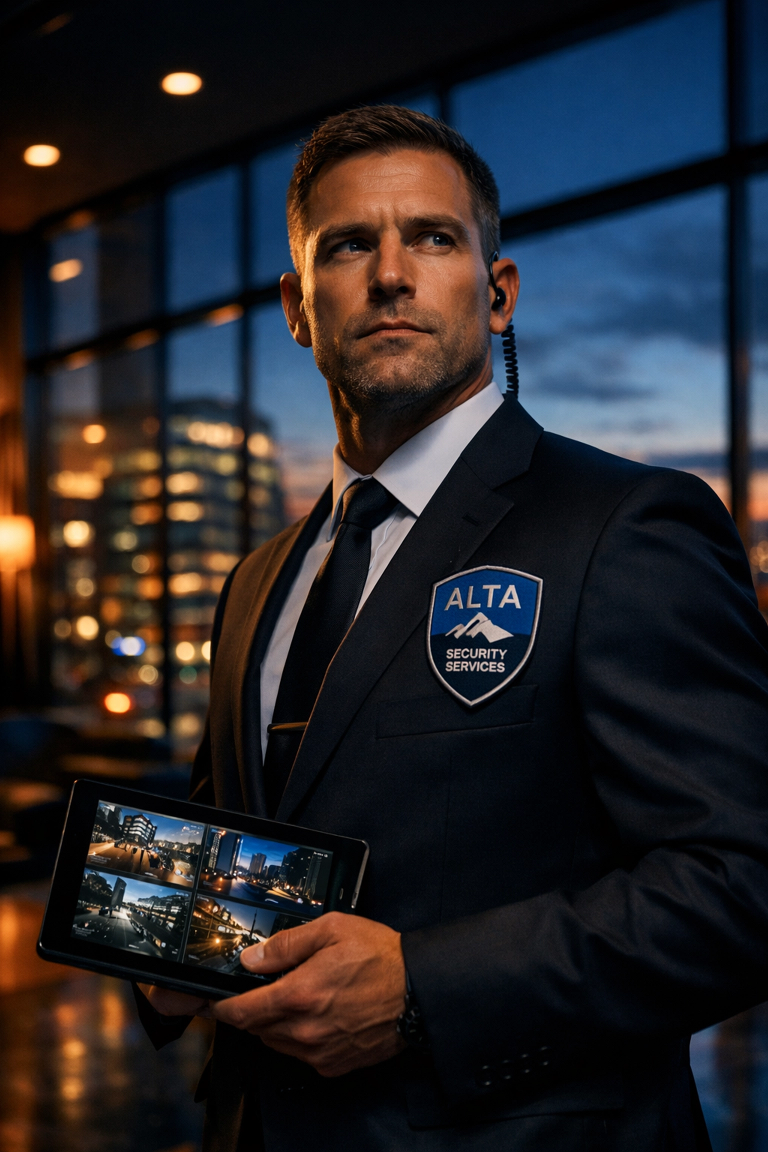 Executive protection officer monitoring security in Northern Virginia corporate lobby