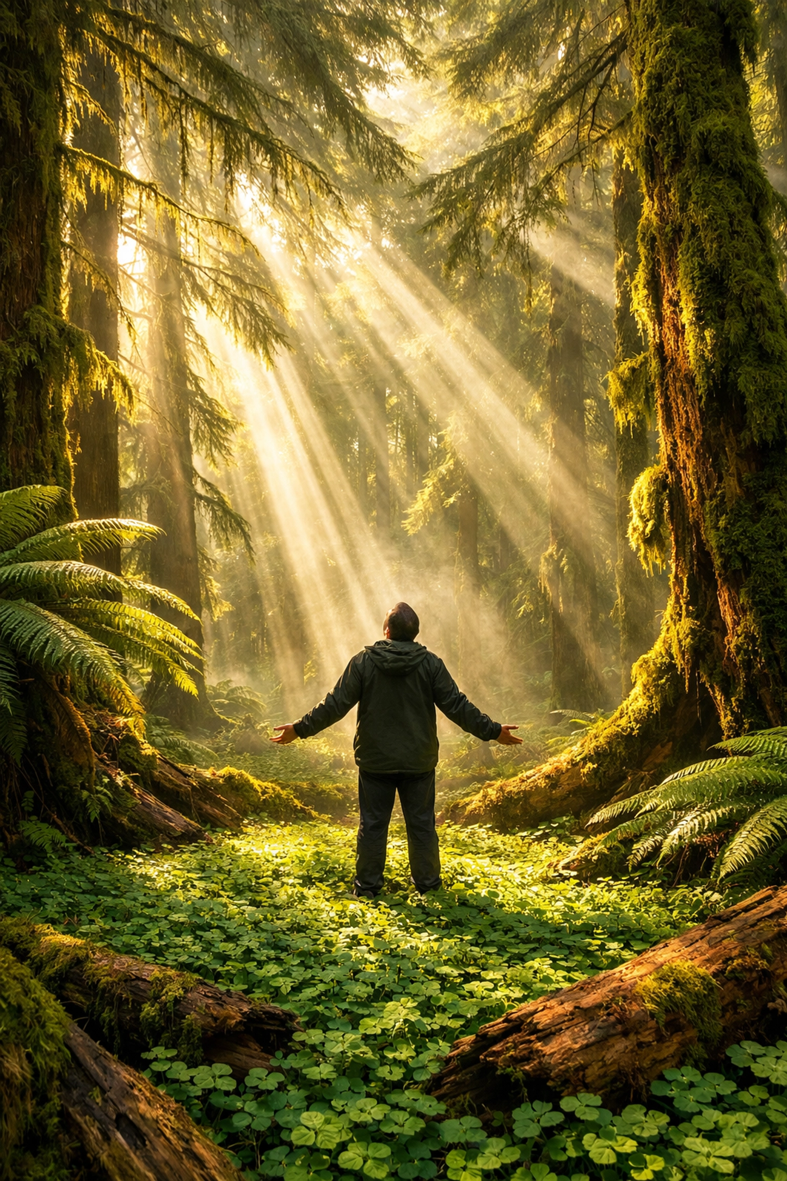 Person practicing forest bathing in a sunny rainforest to regulate the nervous system and reduce stress.