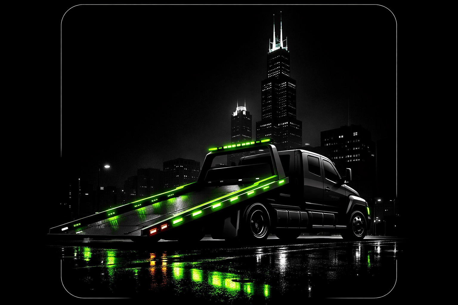 Chicago Flatbed & Winch emergency towing service near Willis Tower at night.
