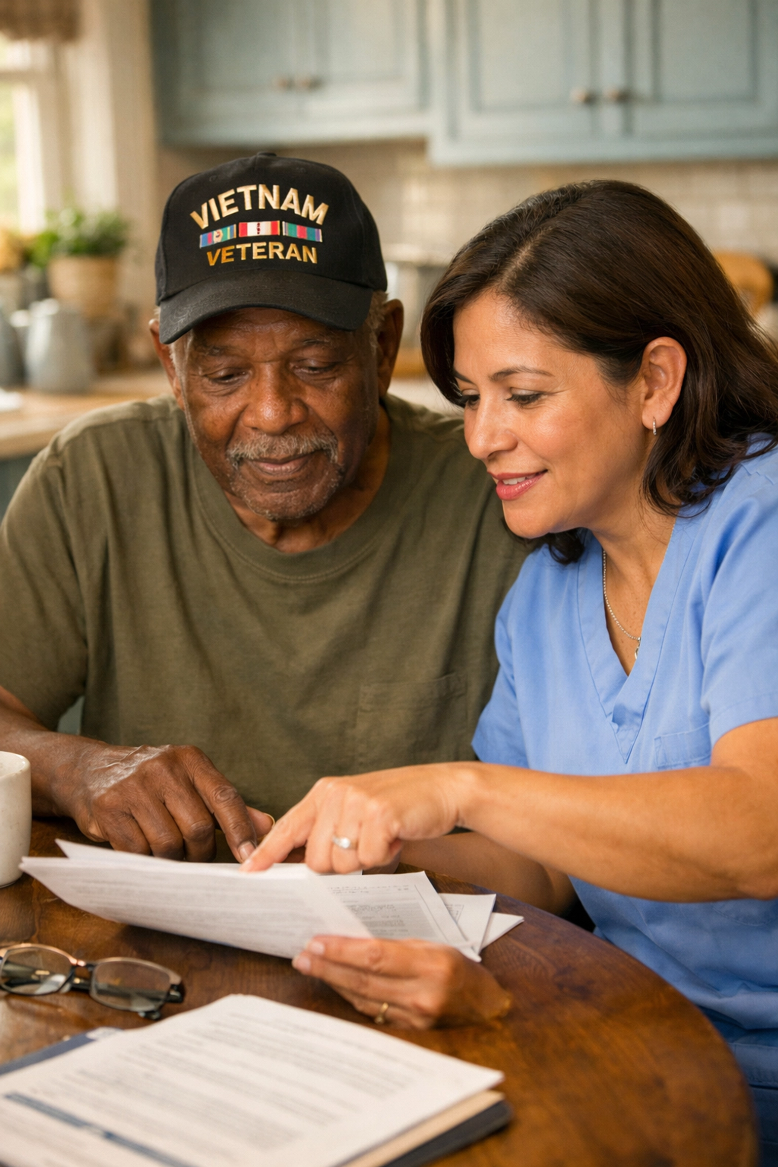 Veteran reviewing VA home care paperwork with caregiver in Warrenton home
