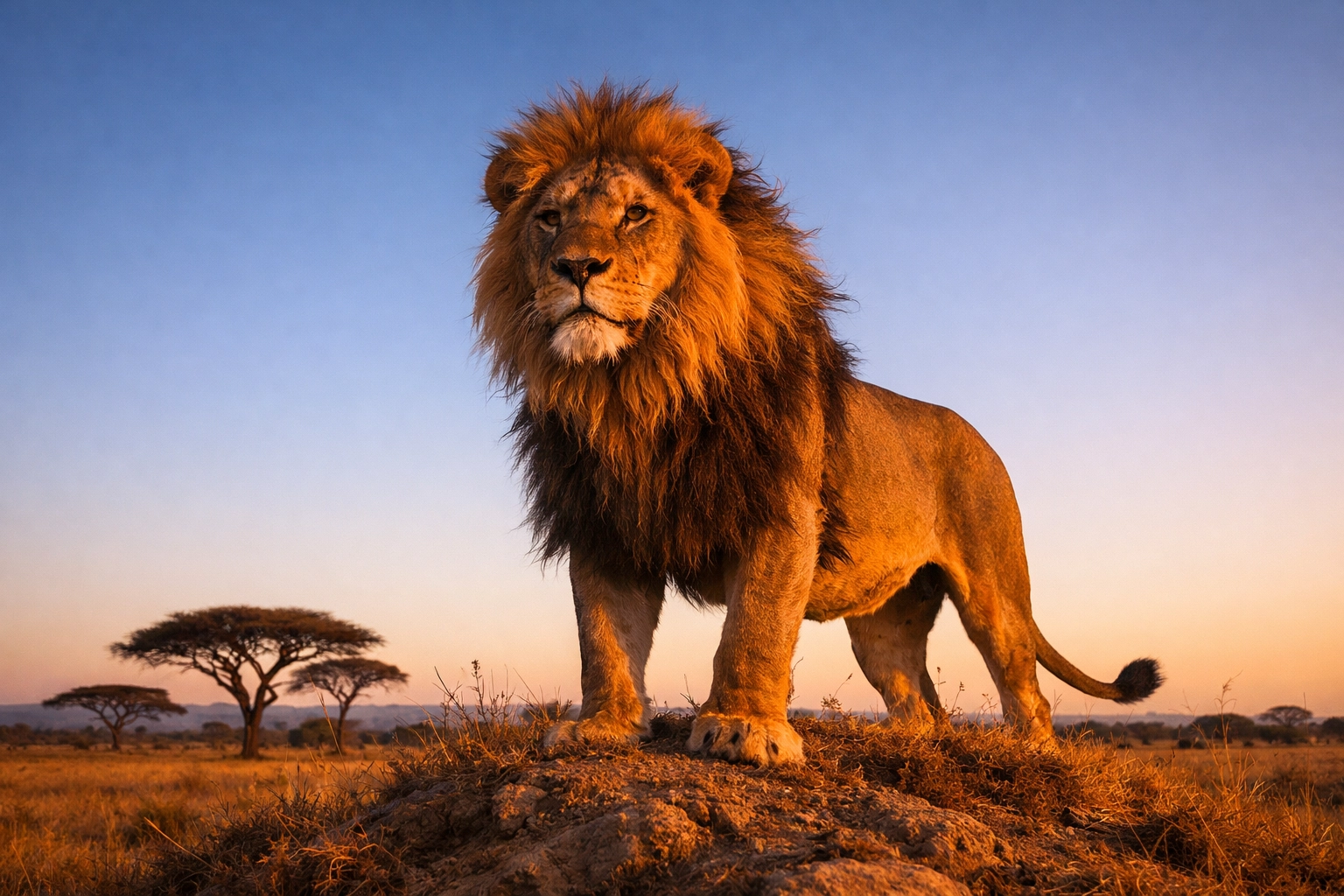 A majestic male lion on the African savanna at sunset, showing the power of professional wildlife imagery.