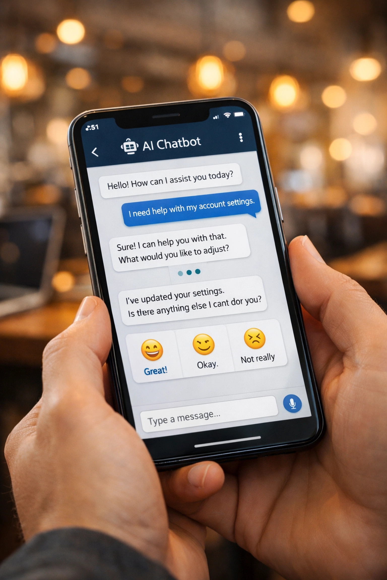 AI chatbot interface on smartphone providing automated customer support for small business