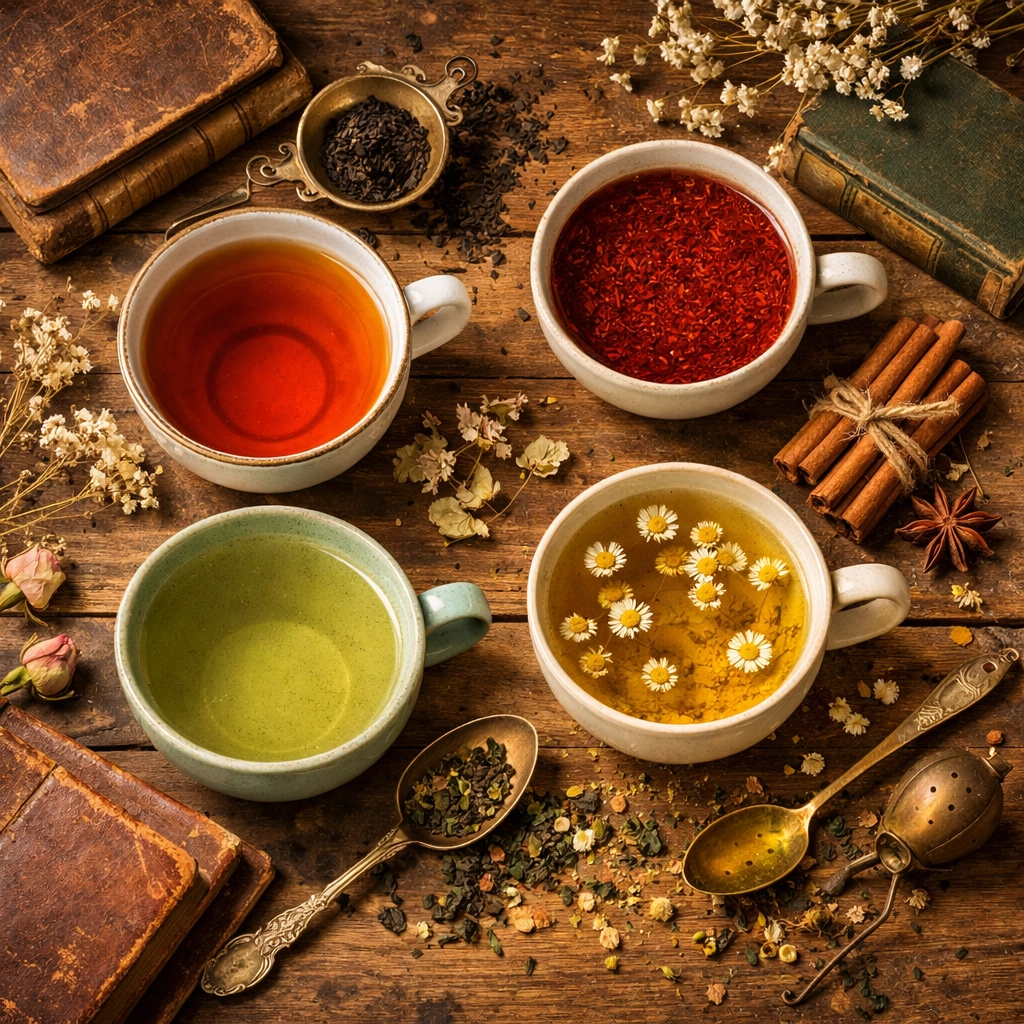 Variety of organic teas in cups with vintage books, dried flowers, and loose tea leaves