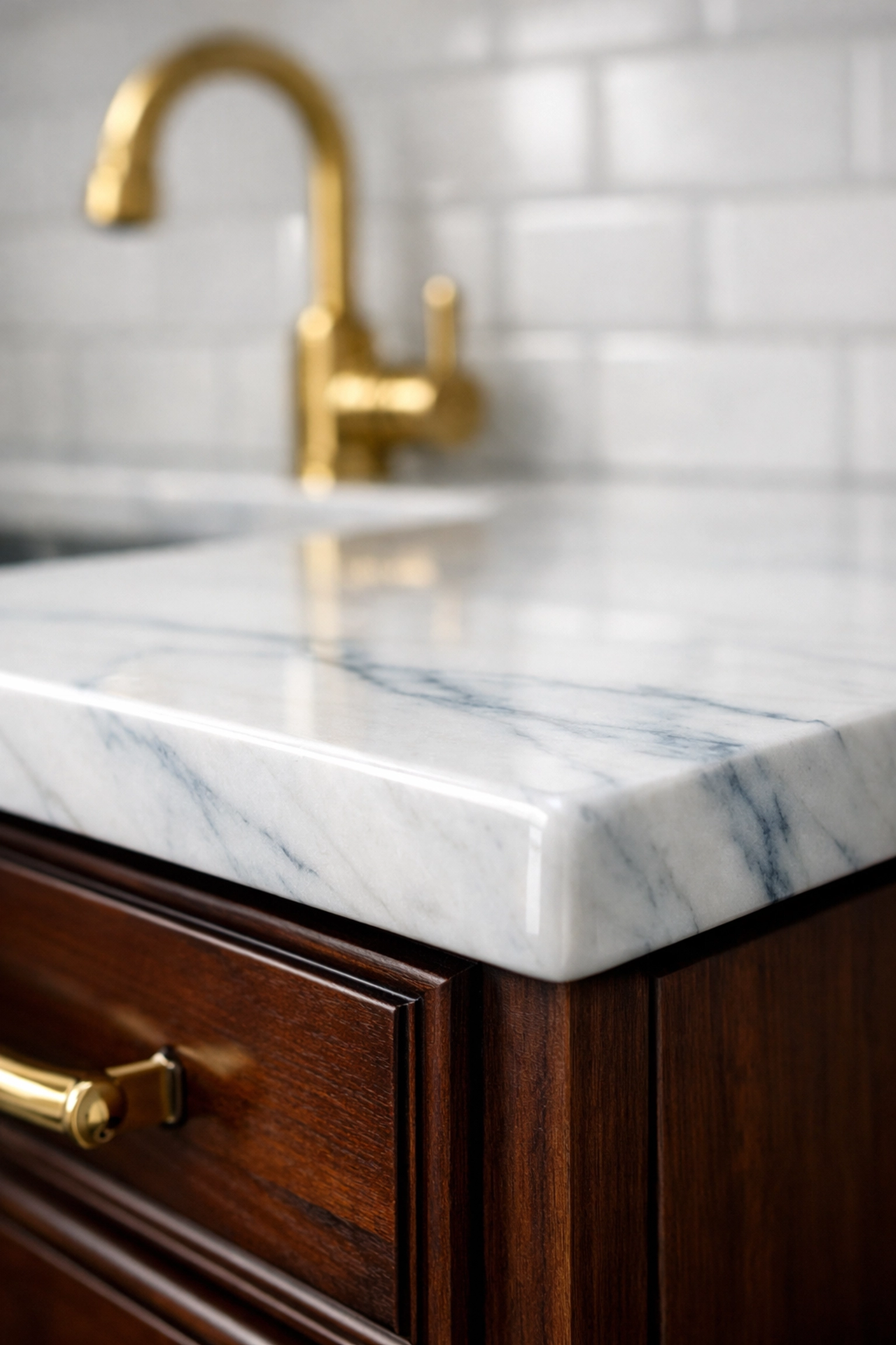 Spotless marble countertops and polished gold fixtures in a Wellesley kitchen after professional house cleaning.
