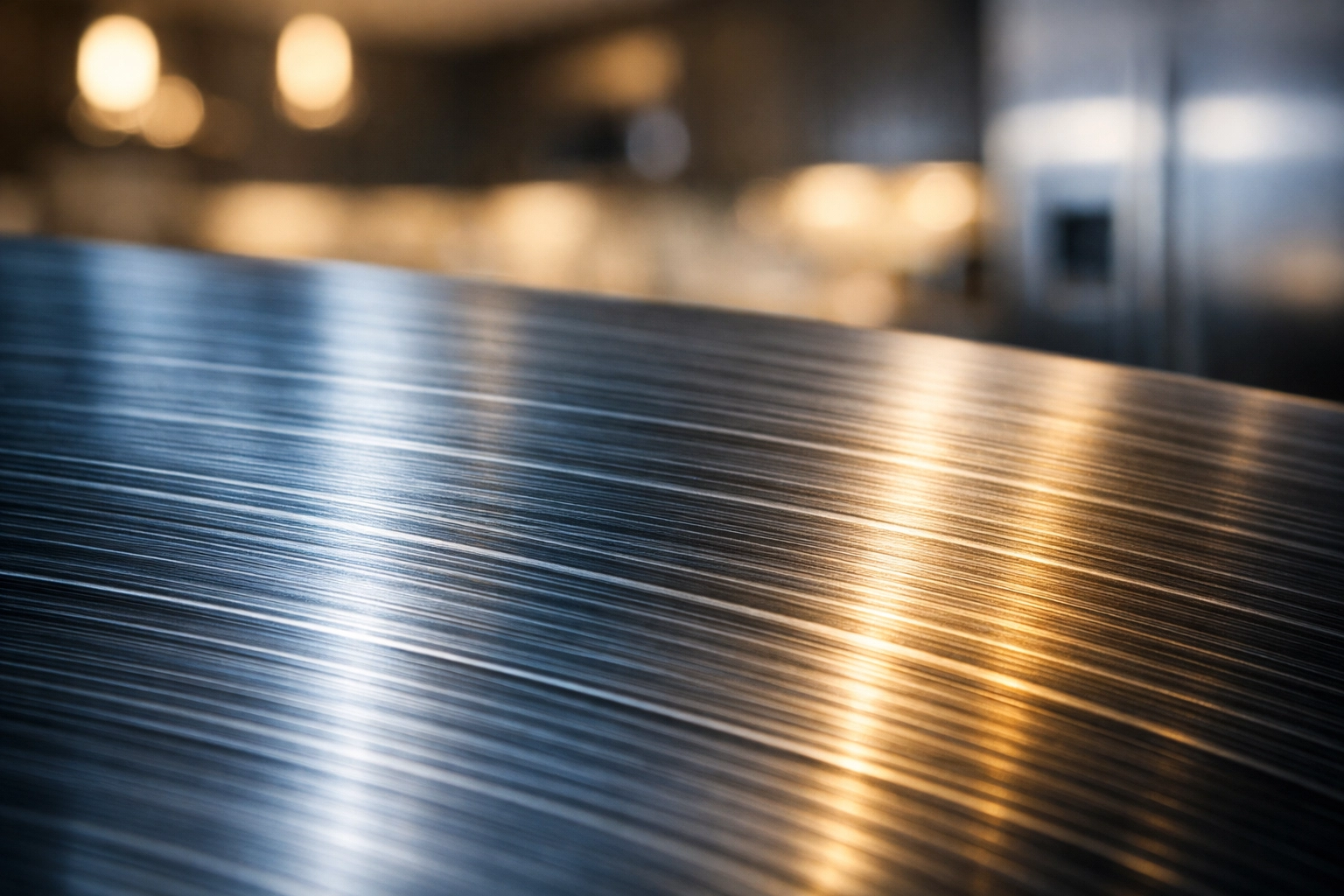 Close-up of horizontal grain on a brushed stainless steel appliance for proper polishing.