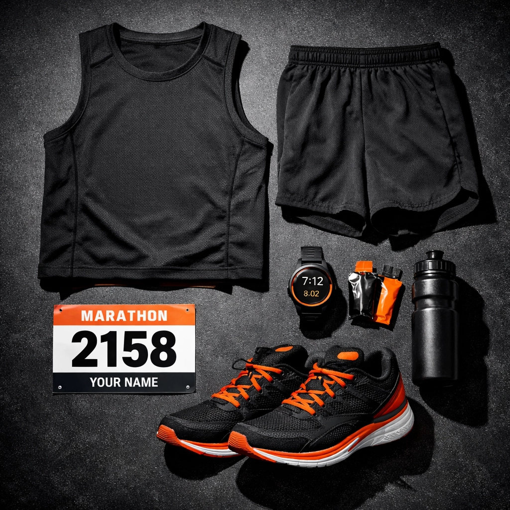 Alt Text: A neatly arranged marathon “flat runner” race kit on a hotel bed—black technical top and tights, bib, gels, and bright orange running shoes—packed for comfort and durability in a longevity running routine.