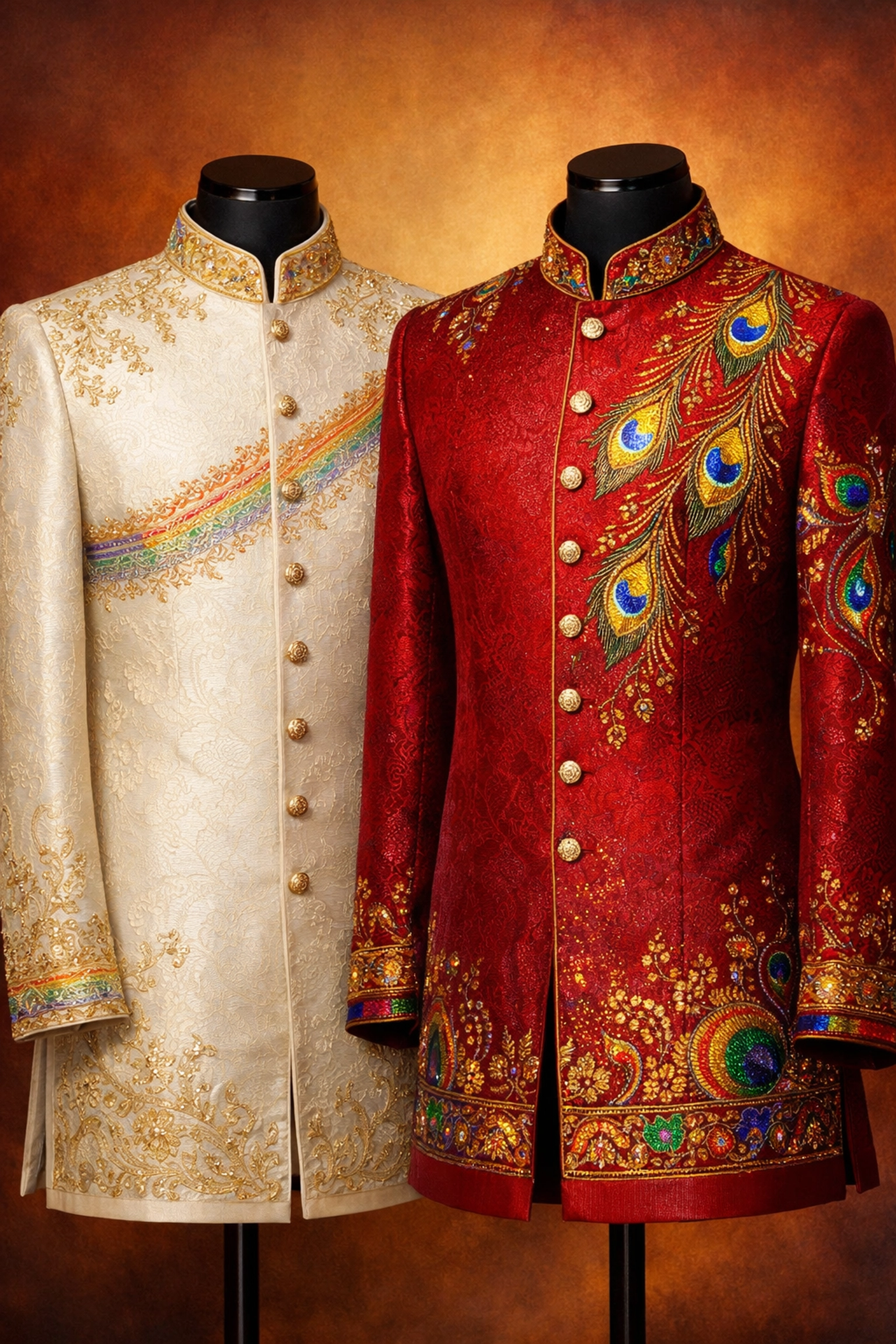 Custom-designed wedding sherwanis with rainbow pride elements for gay Indian grooms
