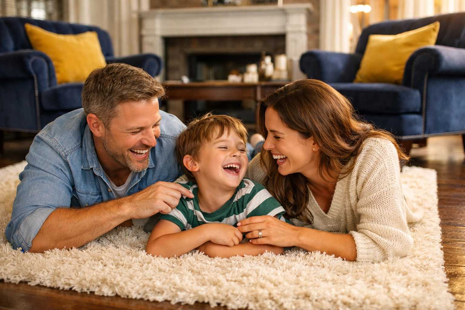 A happy Winchester family relaxing in a clean home after professional House Cleaning Winchester MA.