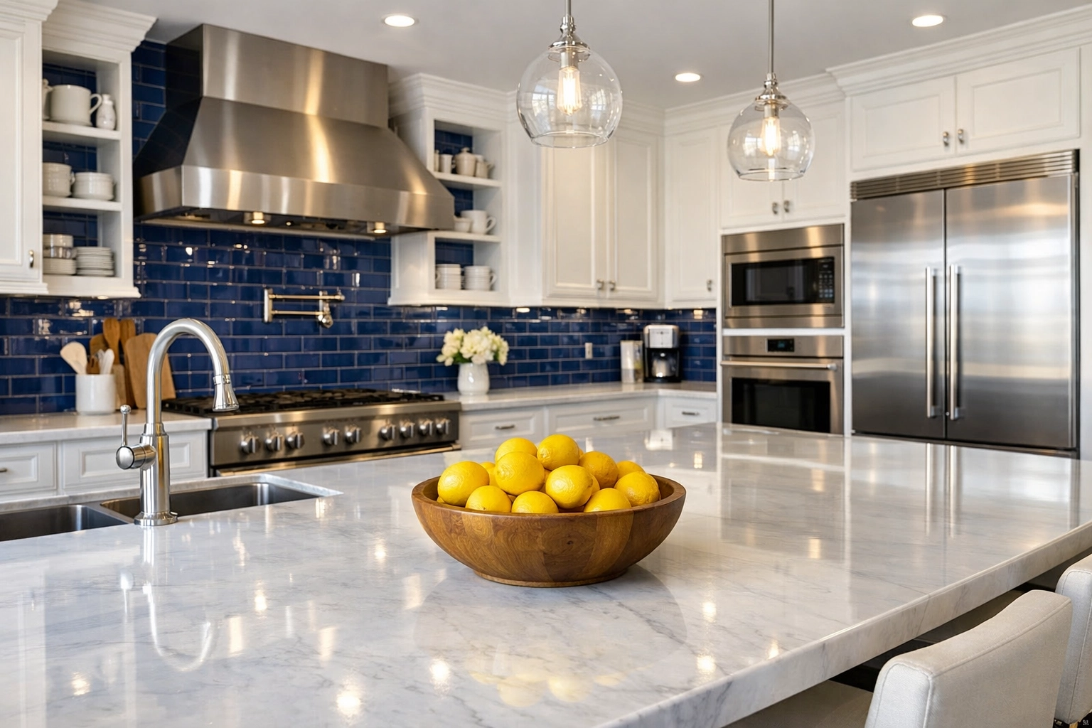 Professional deep cleaning of a luxury kitchen in Lincoln with spotless marble countertops and stainless steel.