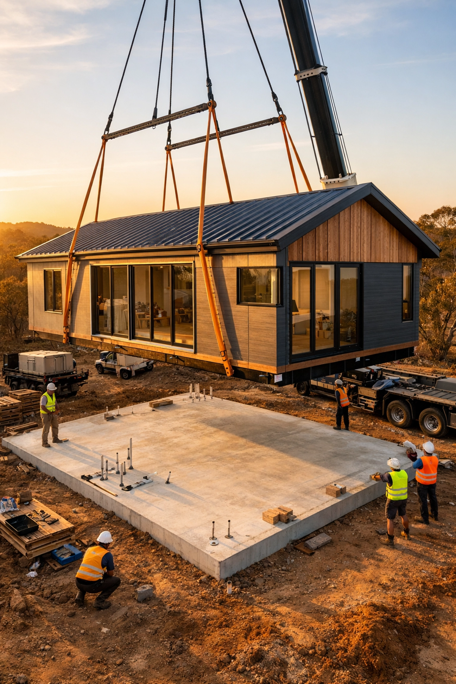 Modular home being installed on permanent concrete foundation during construction