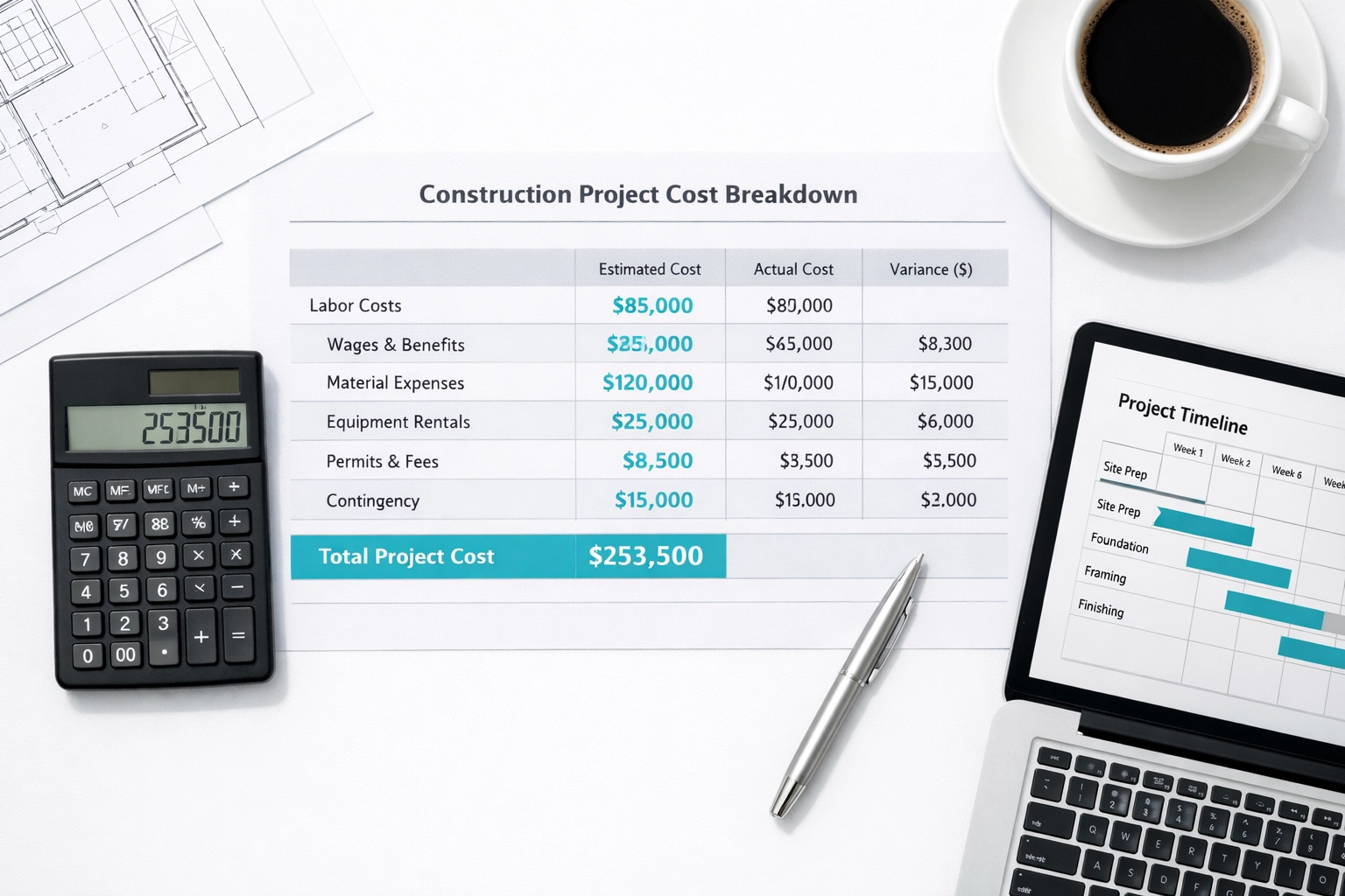 Construction project cost analysis with blueprints, calculator, and financial documents for Florida permits