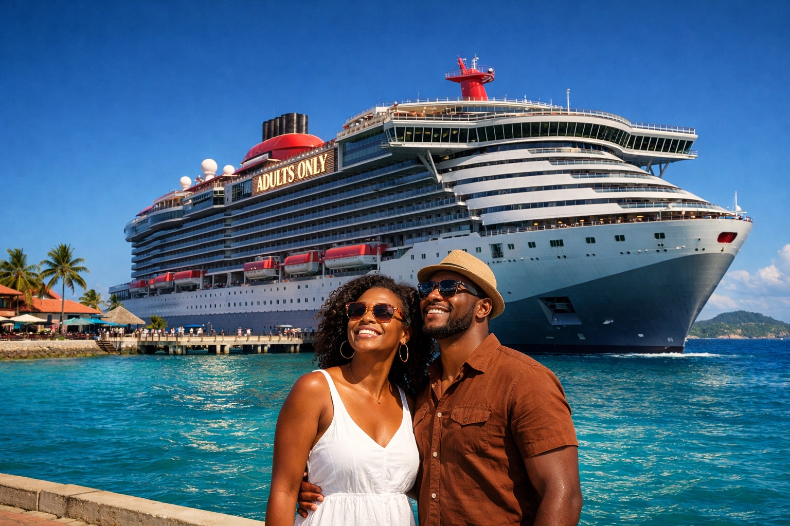A stylish couple looking at a modern adults-only cruise ship docked in a tropical Caribbean port.