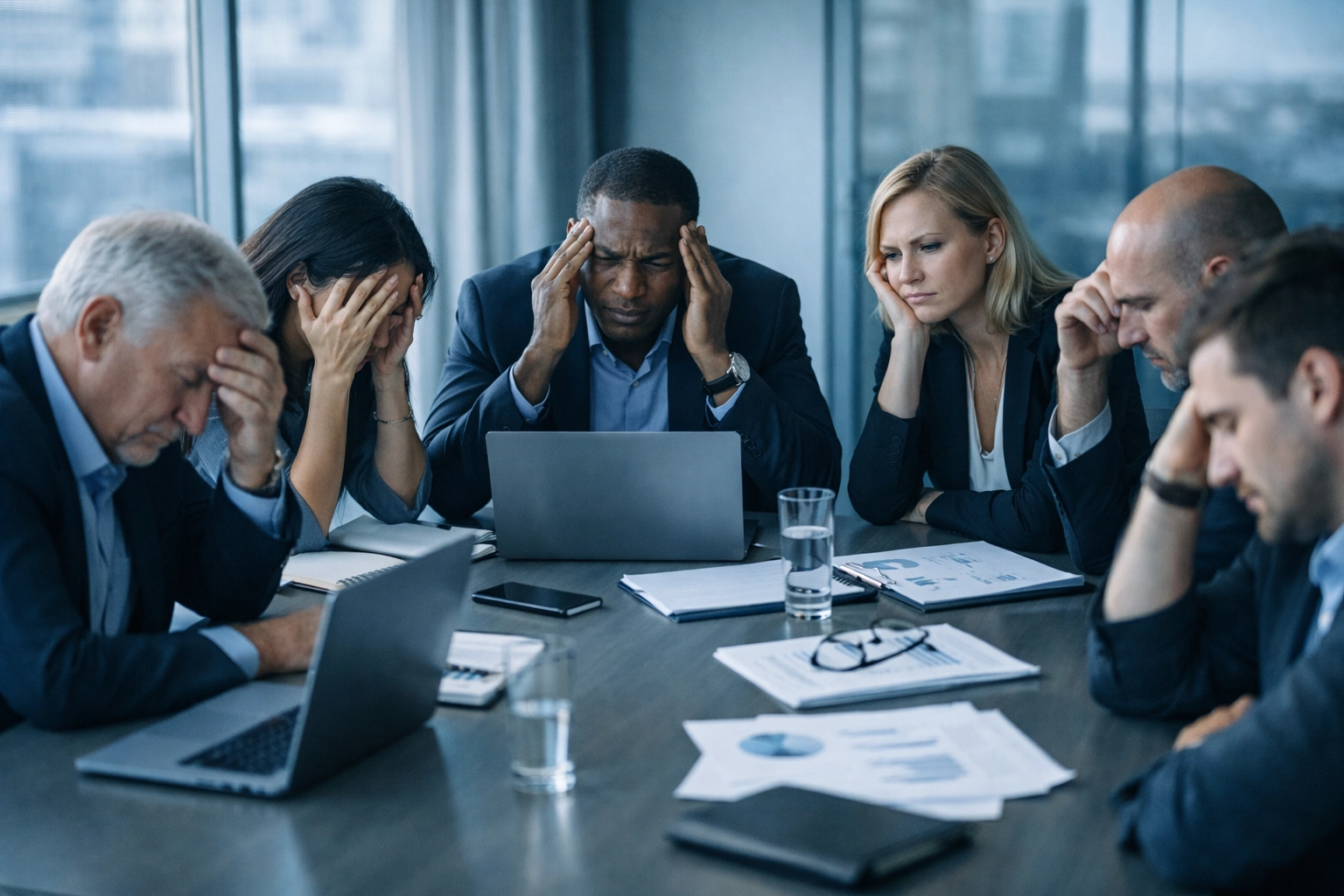 Stressed business leaders experiencing burnout around conference table in office