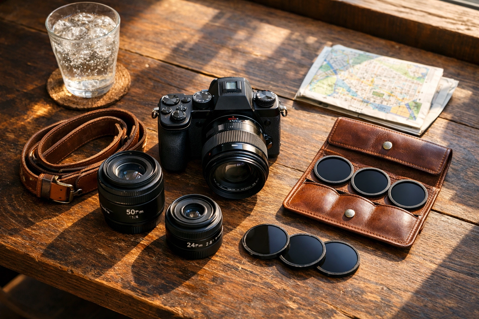 Flat lay of essential travel photography gear for professional shoots at top-rated photography spots.