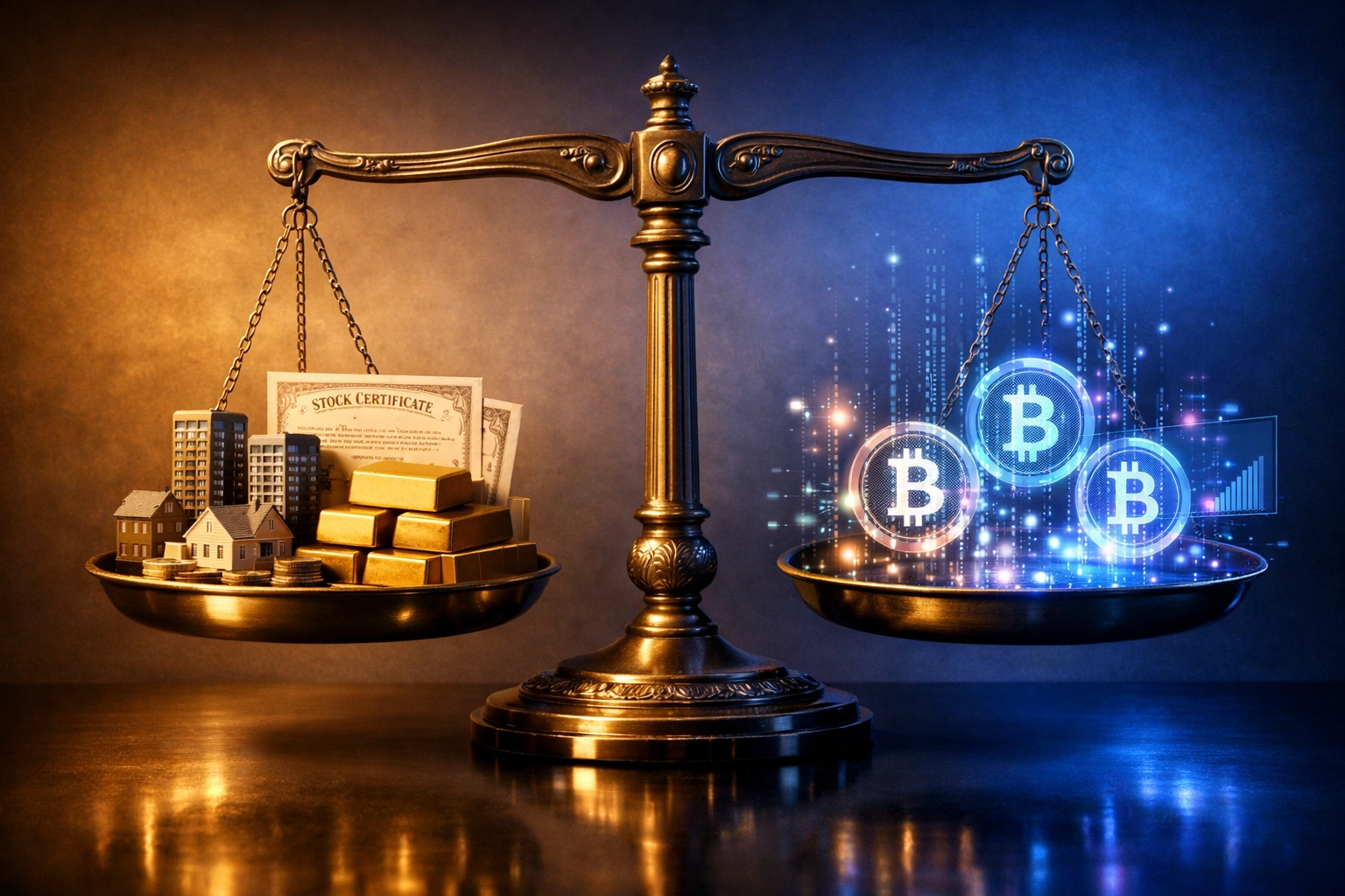Balanced scale showing traditional assets and digital investments in modern portfolio