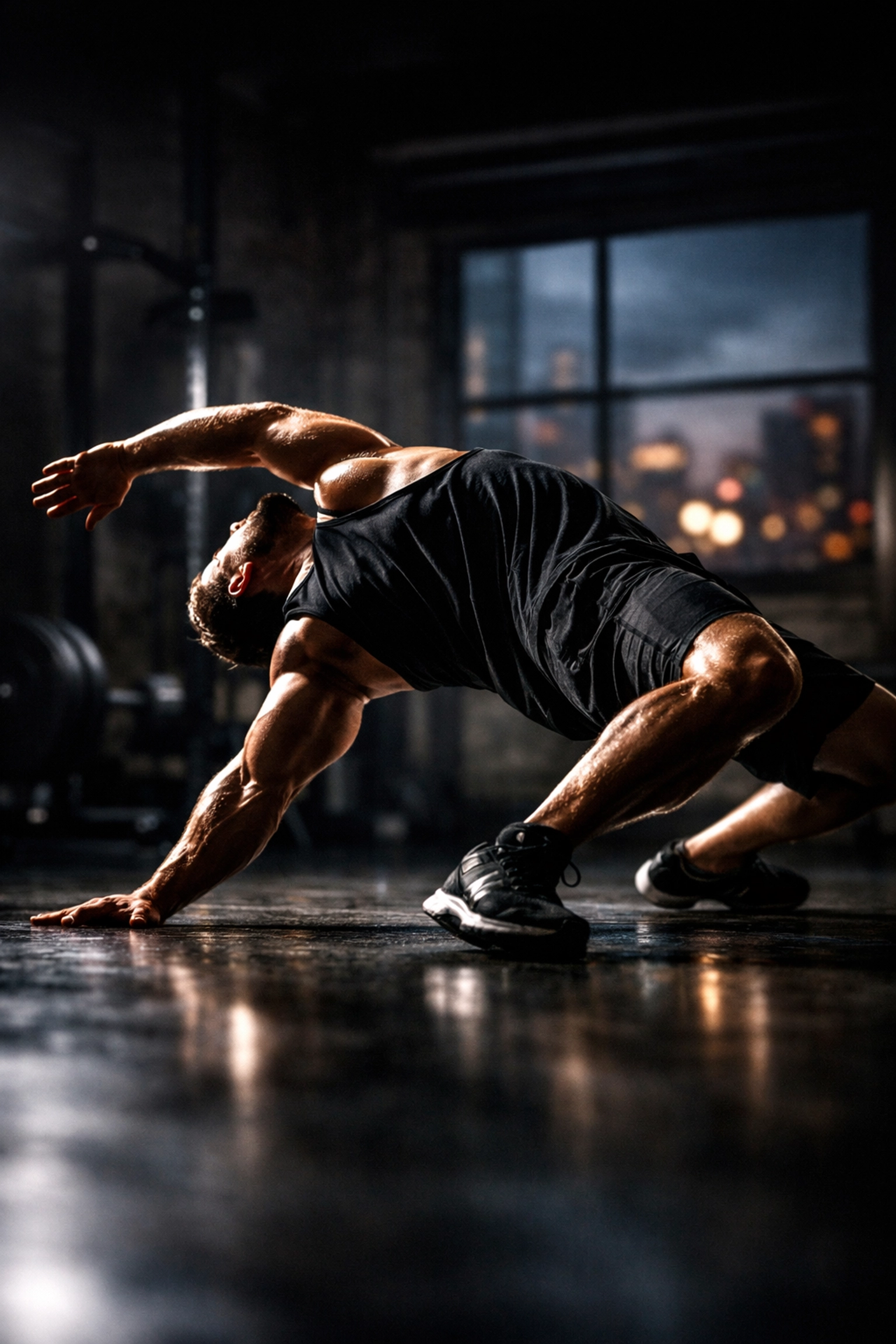 Athlete performing dynamic thoracic bridge stretches for a full body workout at home.