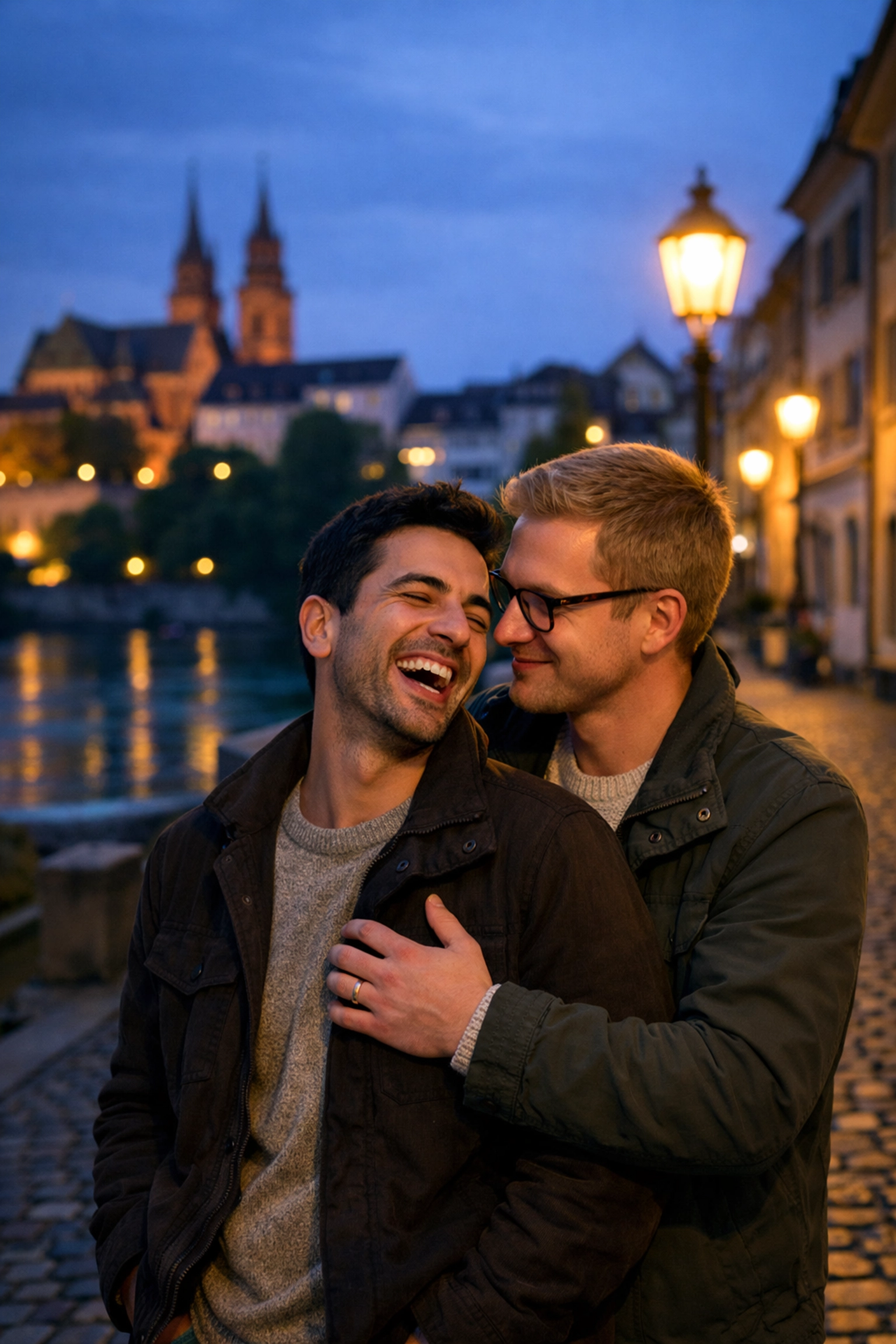 Gay couple embracing in Basel's old town at dusk - modern MM romance in Switzerland