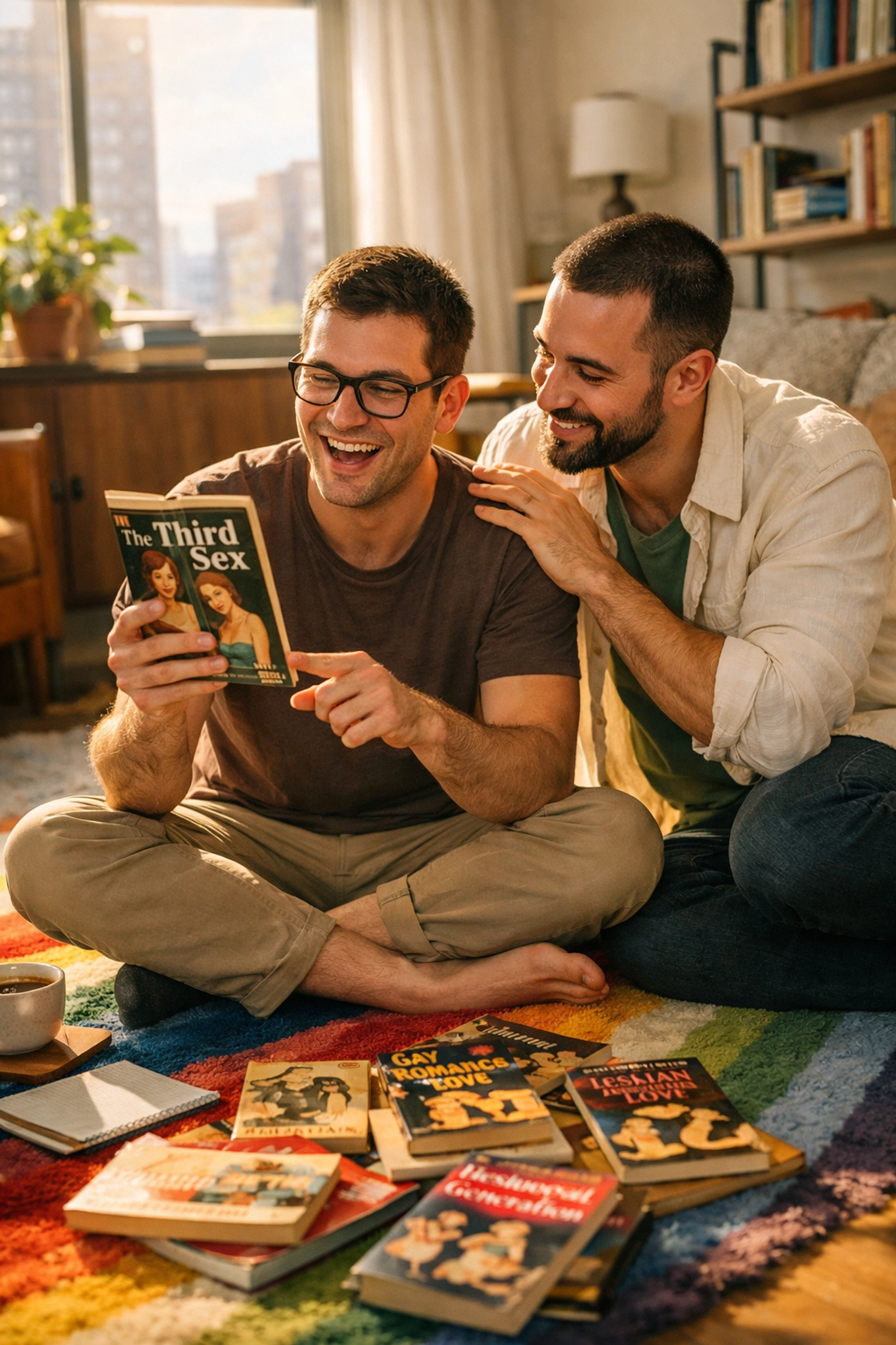A gay couple connecting over queer books, illustrating neurodivergent info-dumping as a love language.