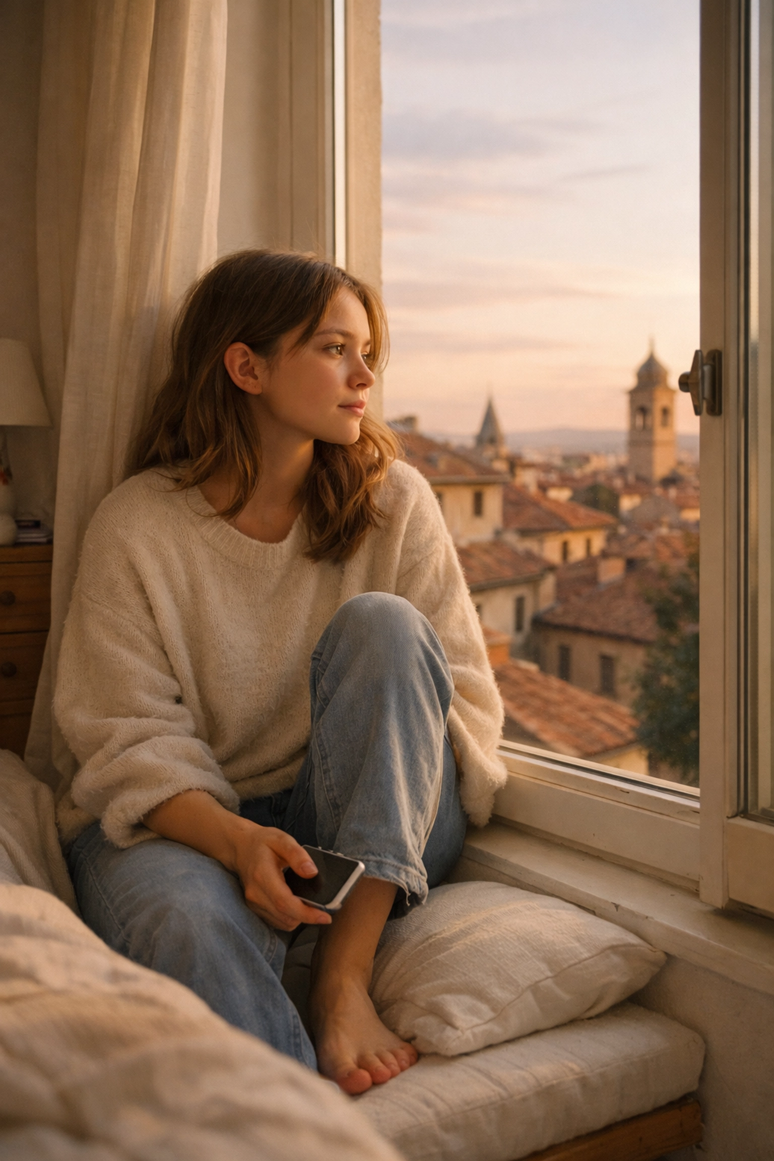 Teen experiencing homesickness while studying abroad, looking thoughtfully out window