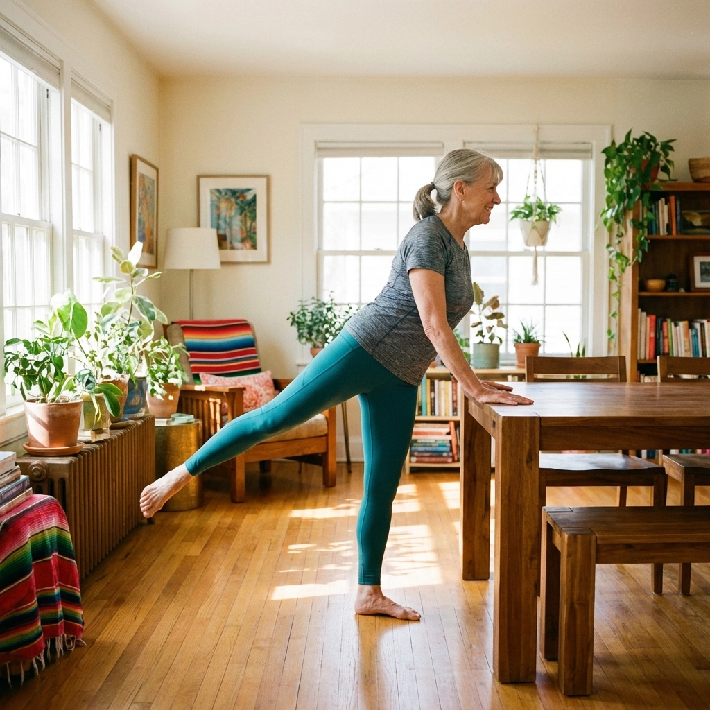 Senior woman performing side leg raise exercise for balance and fall prevention