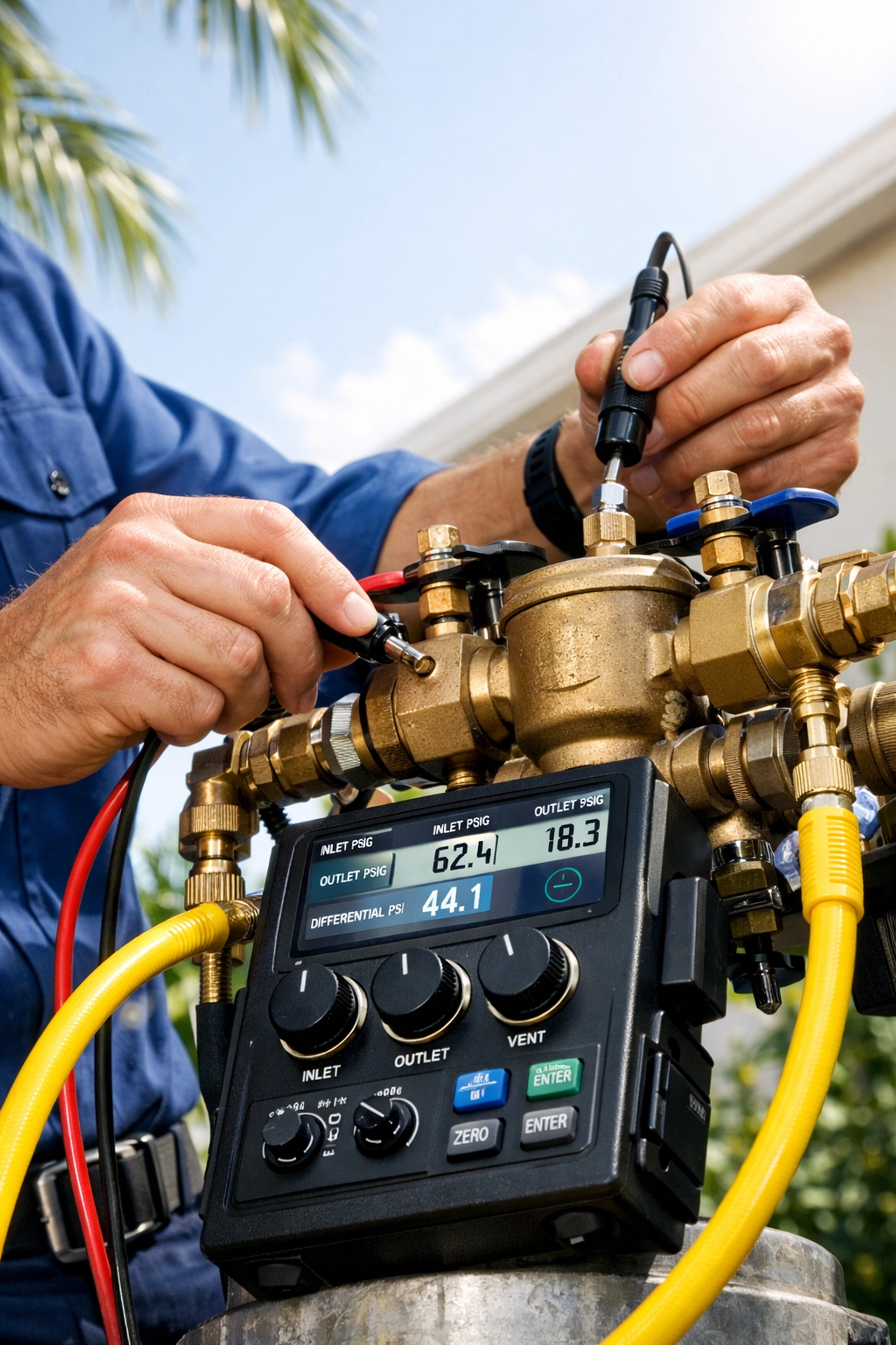 Backflow Repair vs. Replacement: How to Avoid Failing Your Next Inspection 2 Certified plumber performing a backflow test on a brass valve assembly to ensure system compliance.