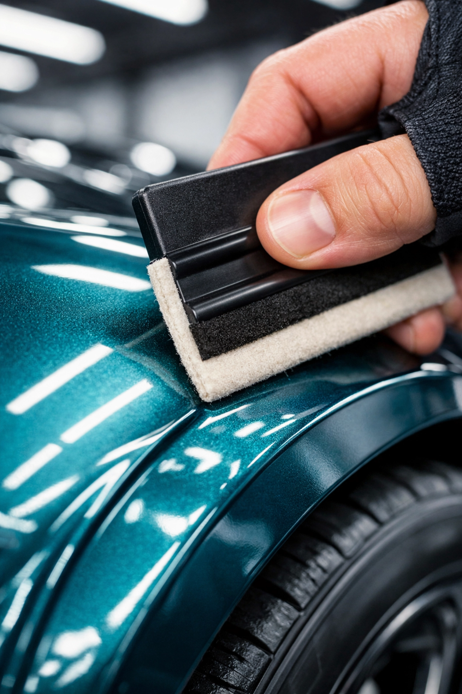 Professional installation of a high-gloss vinyl vehicle wrap by a skilled technician in a clean garage.